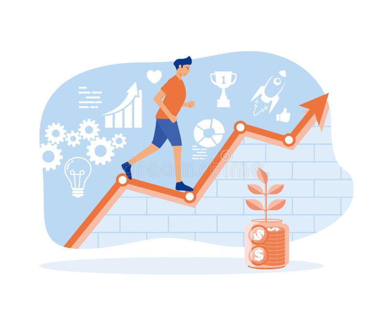 Self development. Growth of finance and success on work. Training, education, practice, start-up, leadership. vector illustration