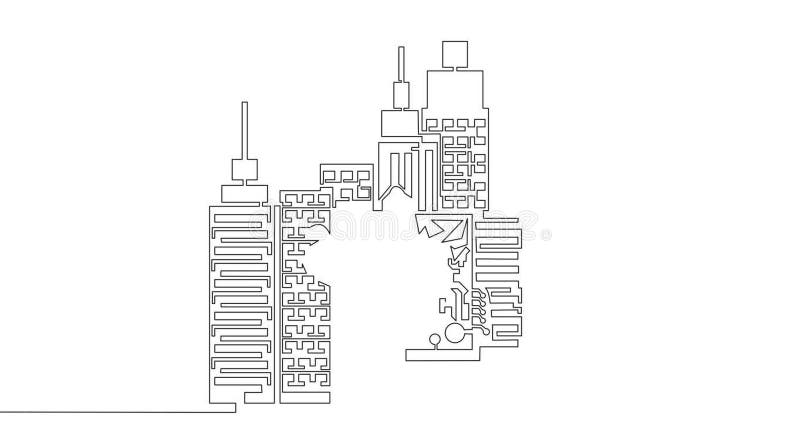 Self drawing line animation digital microchip Smart City continuous line drawn concept video stock illustration