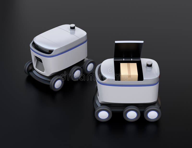 Self-driving delivery robots on black background. One`s cover opened for picking parcels vector illustration Self-driving delivery robots on black background. One`s cover opened for picking parcels vector illustration