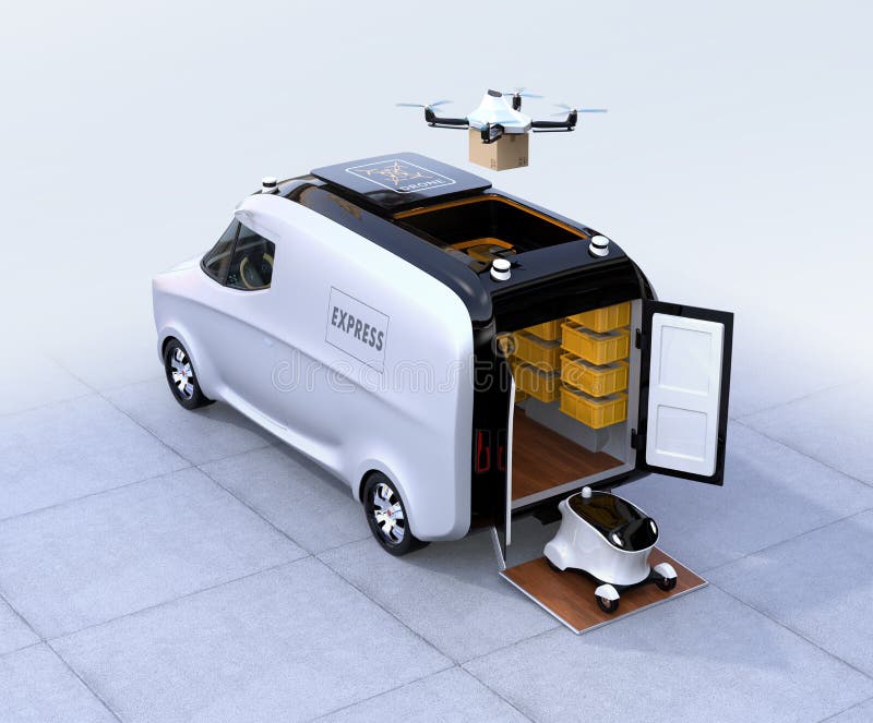 Self-driving van, drone and robot stock illustration