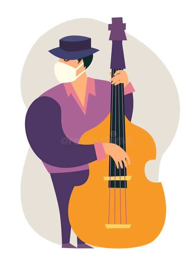 Self-isolation musician man with contrabass vector illustration vector illustration