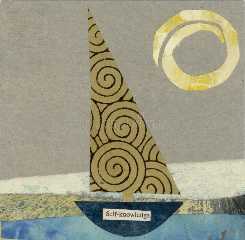 Childlike Abstract collage of a little sailboat named the Self Knowledge. Psychology symbol illustrations
