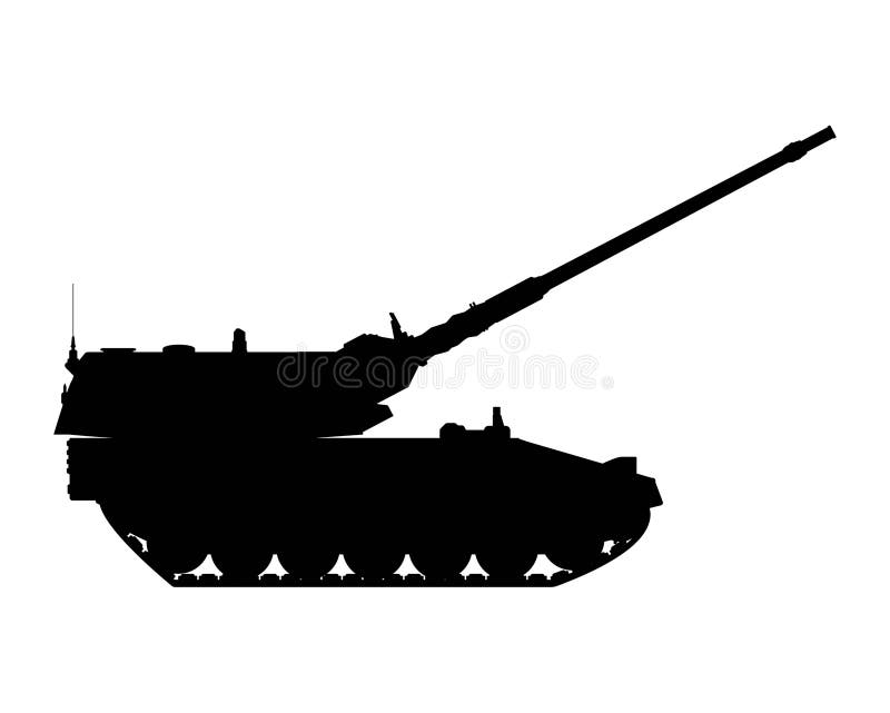 Self-propelled howitzer silhouette. Raised barrel. Military armored vehicle royalty free illustration