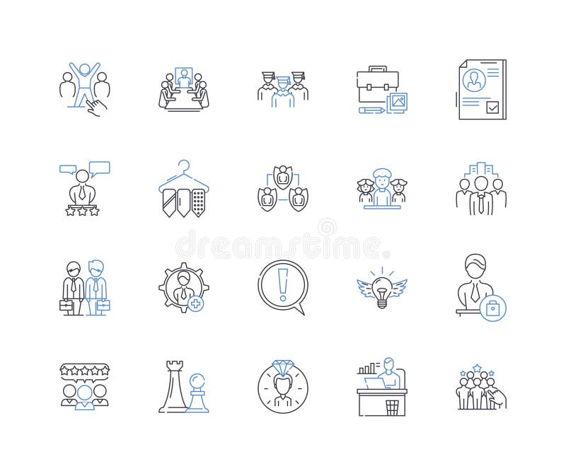 Self-starter line icons collection. Driven, Ambitious, Resourceful, Independent, Motivated, Proactive, Curious vector royalty free illustration