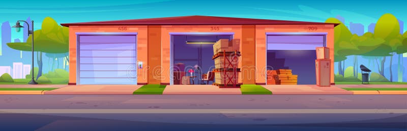 Self storage facility exterior vector illustration