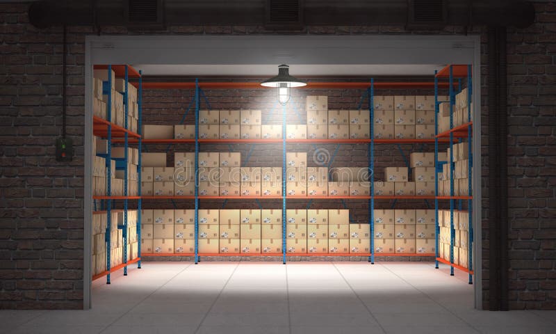 Self storage unit full of cardboard boxes. 3d rendering vector illustration