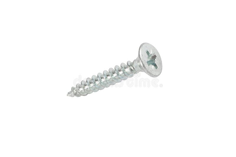 Self-tapping screw  isolated on white background with clipping path. Macro shot metal self-tapping screw. Chromed screw bolt