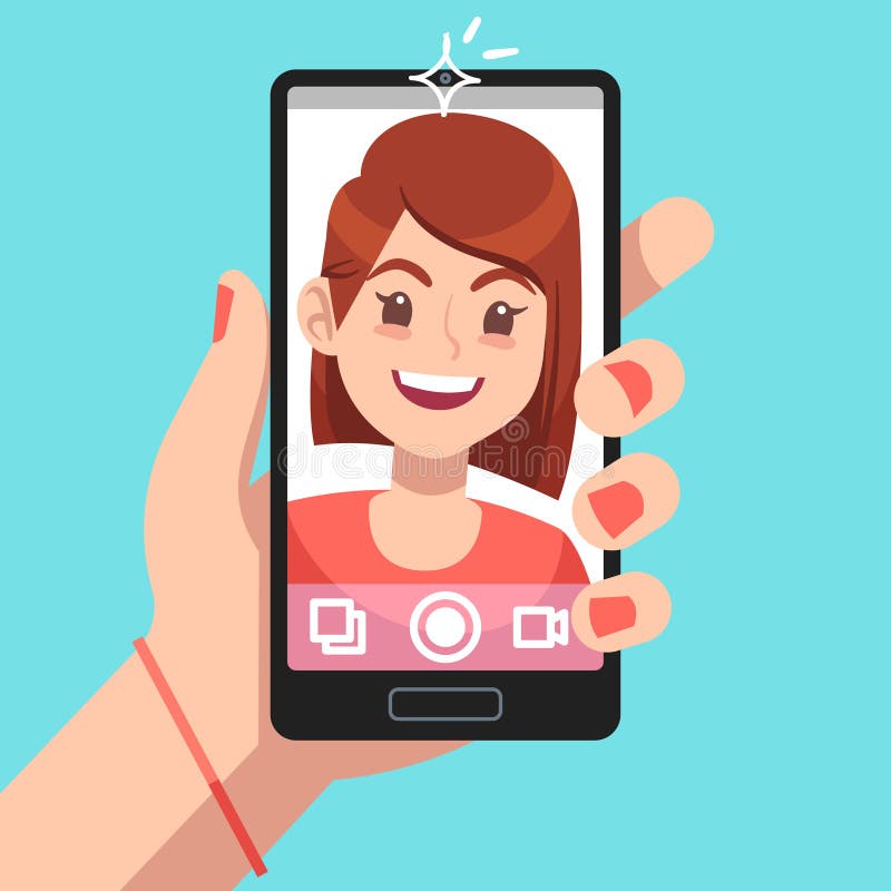 Selfie della donna Bella ragazza che prende il ritratto del fronte della foto di auto sullo smartphone Vettore del fumetto di dip illustrazione di stock Selfie della donna Bella ragazza che prende il ritratto del fronte della foto di auto sullo smartphone Vettore del fumetto di dip illustrazione di stock