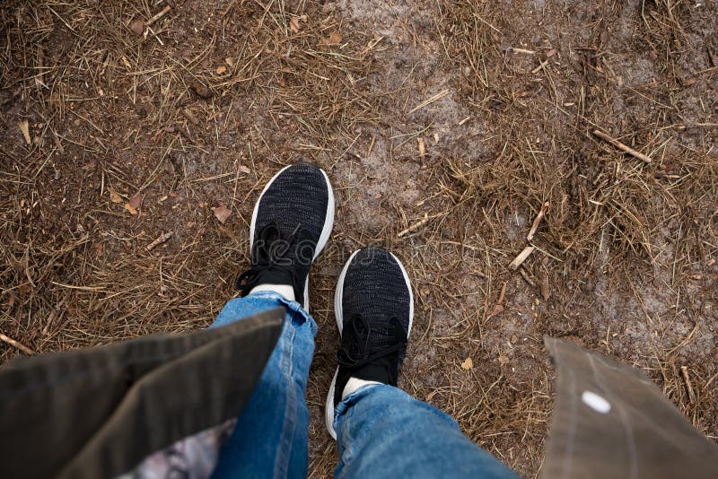 Selfie of Sneakers on Pine Forest Land. Concept of Legs on Ground Stock ...