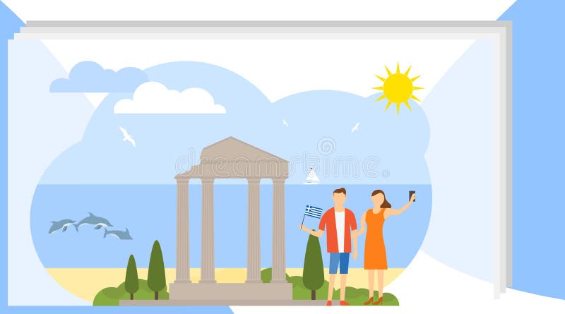 Selfie sullo sfondo delle attrazioni. Un uomo e una donna vengono fotografati sullo sfondo delle antiche rovine della Grecia illustrazione di stock Selfie sullo sfondo delle attrazioni. Un uomo e una donna vengono fotografati sullo sfondo delle antiche rovine della Grecia illustrazione di stock