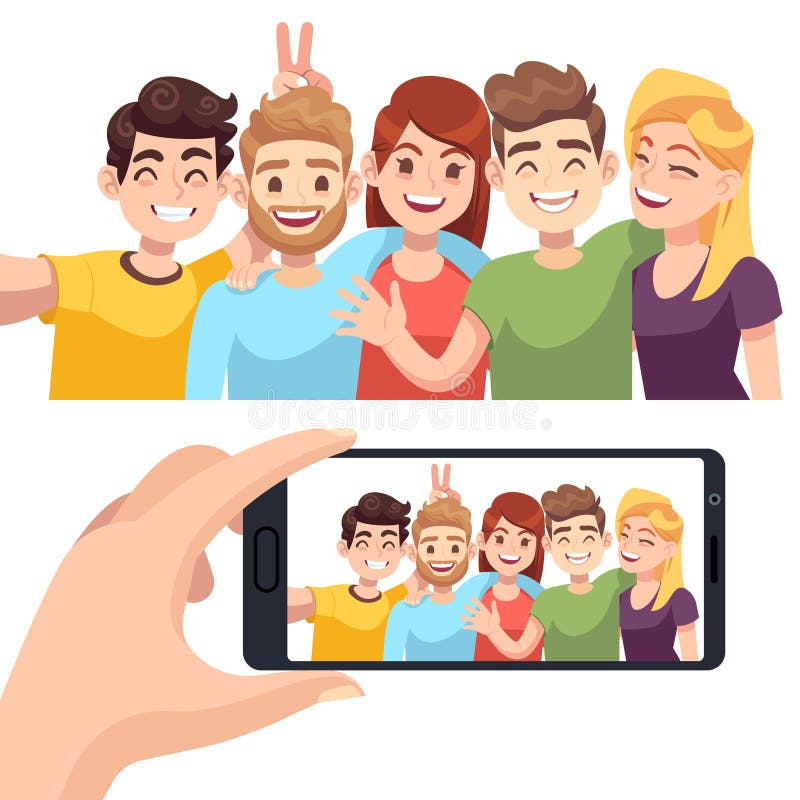 Selfie группы на смартфоне Молодой счастливый портрет selfie взятия людей, дружелюбные усмехаясь характеры делает фото на телефон иллюстрация штока