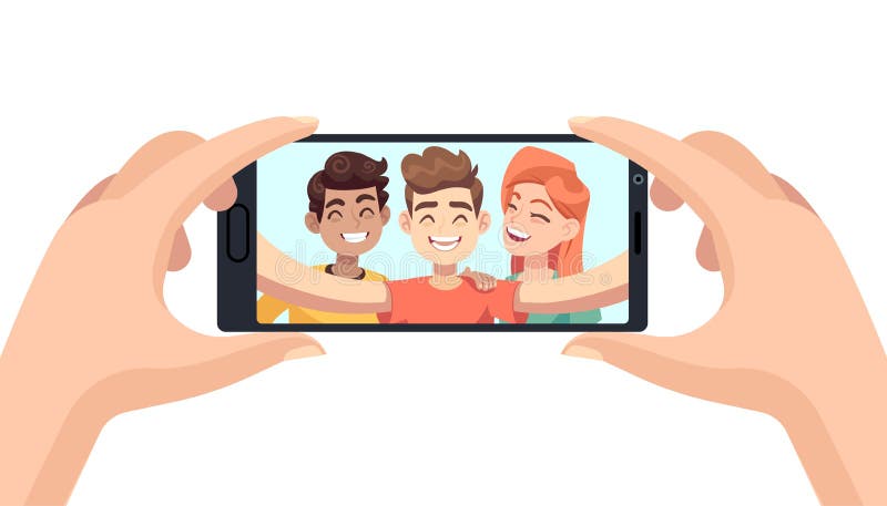 Selfie по телефону. Руки держат мужчин и женщин смартфон улыбаясь друзей на экране устройства и мобильный телефон фотографию портр иллюстрация штока