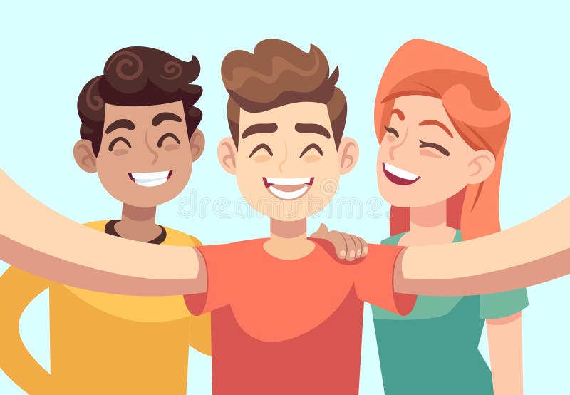 Selfie с друзьями Дружелюбные усмехаясь подростки принимая портрет фото группы Счастливые персонажи из мультфильма вектора людей иллюстрация вектора