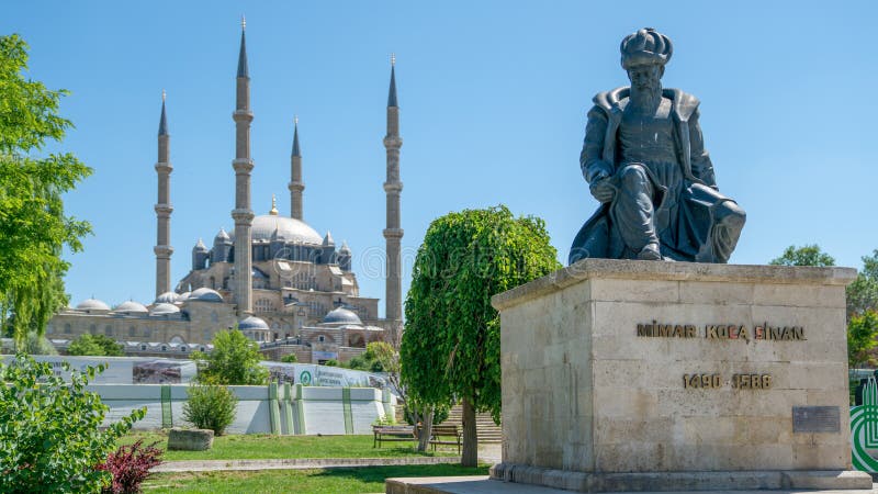 Selimiye Mosque and statue of its architect Mimar Sinan, Edirne, Turkey