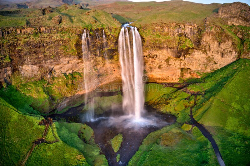 Seljalandfoss de vue aérienne, Islande photos stock Seljalandfoss de vue aérienne, Islande photos stock
