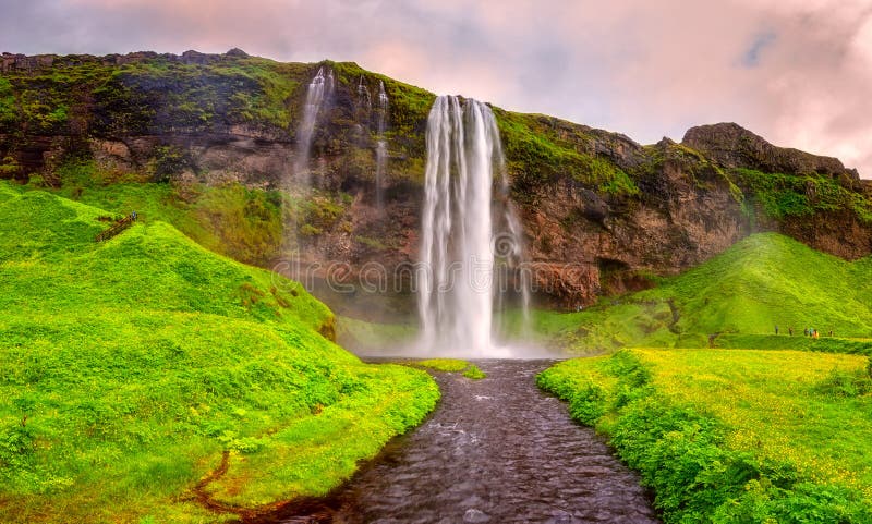 Seljalandsfoss Waterfall In Iceland At Sunset Amazing Summer Landscape