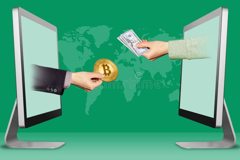 Sell bit coins concept, two hands from displays. hand with bitcoin and hand with cash money. 3d illustration vector illustration Sell bit coins concept, two hands from displays. hand with bitcoin and hand with cash money. 3d illustration vector illustration