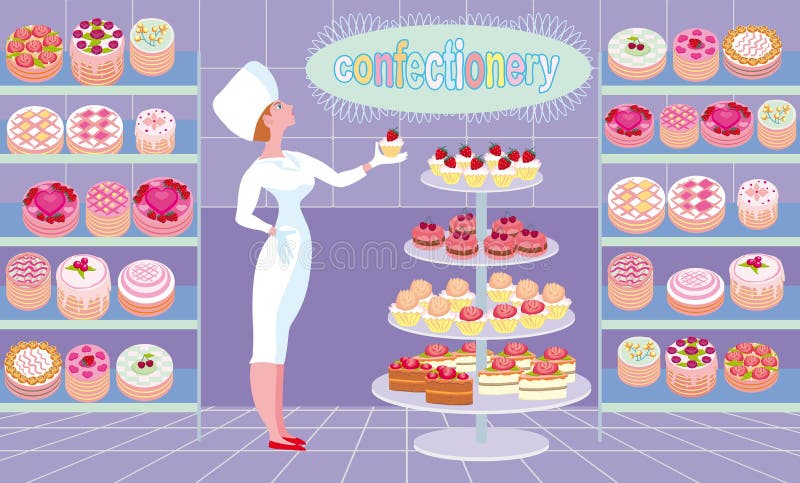 The Seller in the Pastry Shop Proudly Demonstrates the Goods Stock Vector -  Illustration of girl, business: 142191862