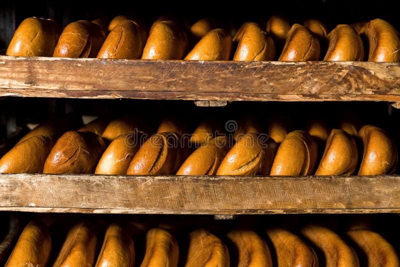 Selling bread. Bread is on the shelves.