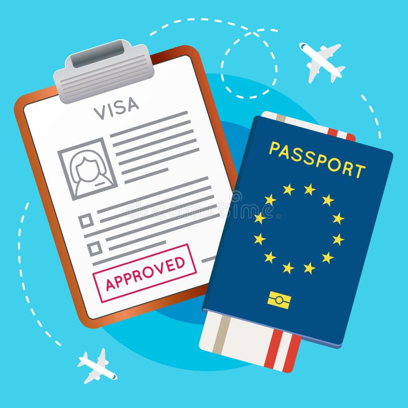 Sello aprobado visa de Europa de la zona euro en el documento Pasaporte con el boleto de los aviones del vuelo ilustración del vector Sello aprobado visa de Europa de la zona euro en el documento Pasaporte con el boleto de los aviones del vuelo ilustración del vector