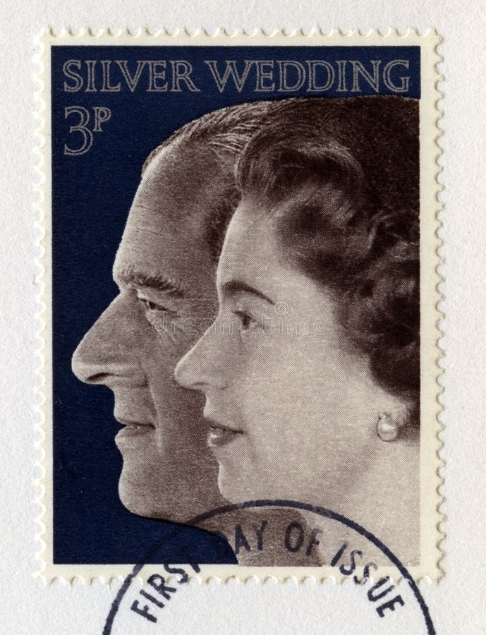 Sello británico que celebra la bodas de plata Ana del ` s de la reina imagen de archivo Sello británico que celebra la bodas de plata Ana del ` s de la reina imagen de archivo
