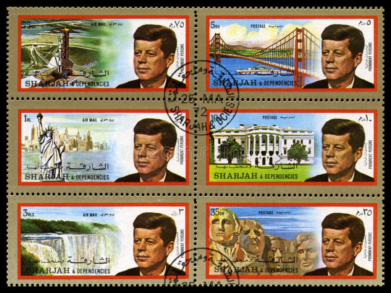 Sellos de Juan F Kennedy Postage del vintage de Sharja imagen de archivo libre de regalías Sellos de Juan F Kennedy Postage del vintage de Sharja imagen de archivo libre de regalías