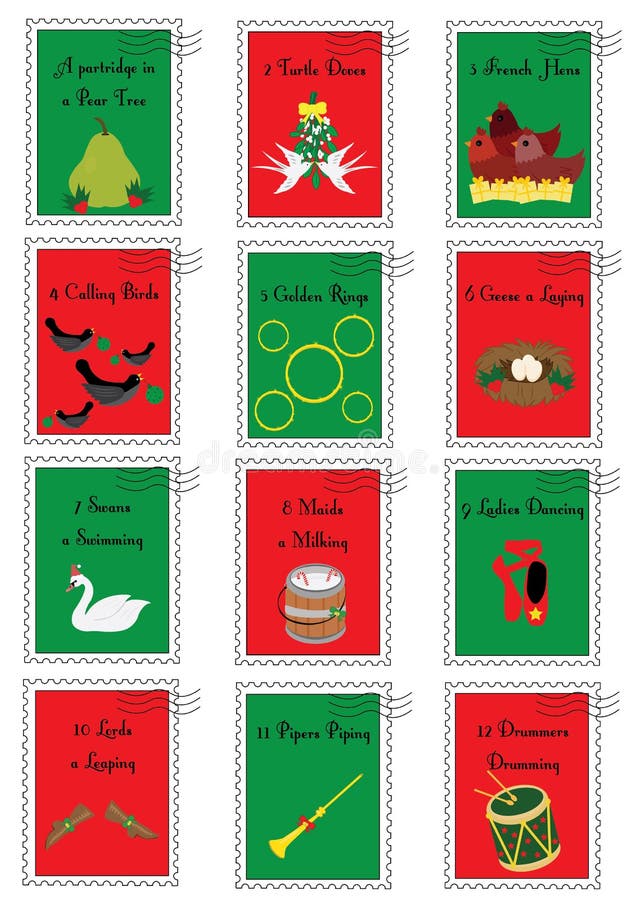 12 sellos de la Navidad con los doce días de la Navidad ilustración del vector 12 sellos de la Navidad con los doce días de la Navidad ilustración del vector