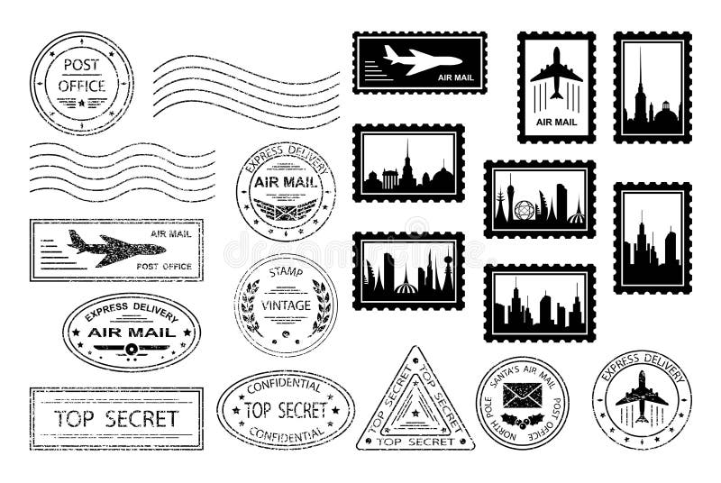 Sellos postales. Conjunto de diversos sellos postales y sellos postales con siluetas de ciudad ilustración del vector Sellos postales. Conjunto de diversos sellos postales y sellos postales con siluetas de ciudad ilustración del vector