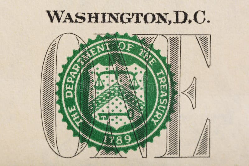 Selo do Departamento da Tesouraria no macro do close up da nota de dólar dos E.U. um