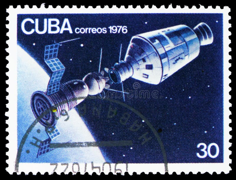 MOSCOW, RUSSIA - MARCH 21, 2020: Postage stamp printed in Cuba shows Soyuz-Apollo Docking, 15th Anniversary of the First Manned Space Flight serie, circa 1976. MOSCOW, RUSSIA - MARCH 21, 2020: Postage stamp printed in Cuba shows Soyuz-Apollo Docking, 15th Anniversary of the First Manned Space Flight serie, circa 1976