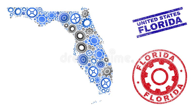 Selos industriais do mapa e do Grunge do estado de Florida do vetor da colagem ilustração stock Selos industriais do mapa e do Grunge do estado de Florida do vetor da colagem ilustração stock