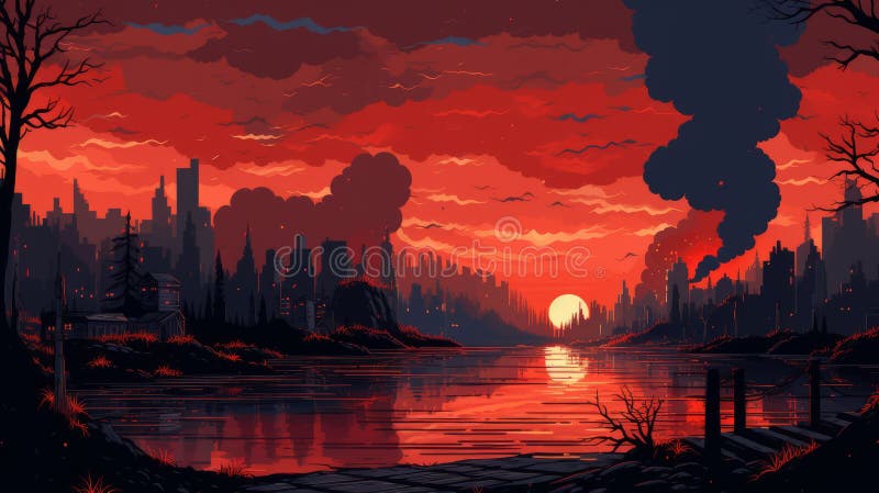 Selvignaggio a 8 bit : tramonto colorato sulla foresta nel paesaggio digitale. Un paesaggio incantevole con nuvole rosse e nere con alberi visibili sullo sfondo. questa opera d'arte mostra un paesaggio urbano futuristico che ricorda i dipinti di mare e di costa. l'utilizzo dell'rtx sulla tecnologia migliora i colori e i dettagli. il dipinto incorpora elementi di paesaggi romantici in riverbero e una tecnica unica di pittura alla deriva che produce un favoloso AIA immaginario