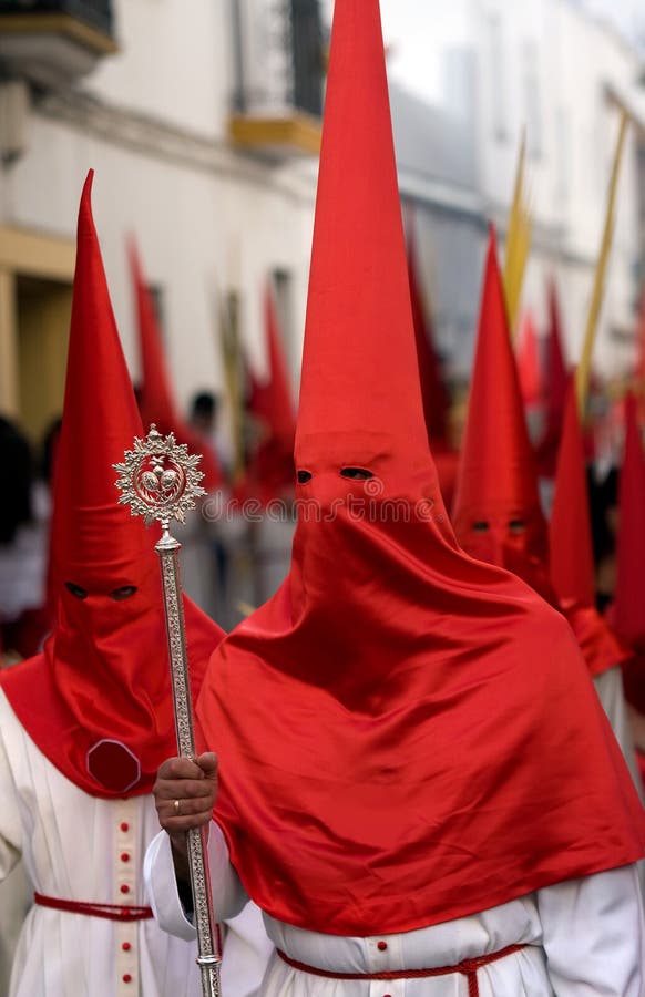 Veiled man in Semana Santa with Staff - Holy Week in Spain. Week processions stock images, royalty-free photos and pictures