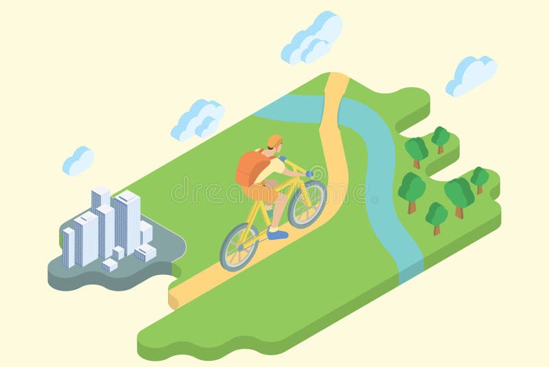 Semester för cykelspårsommar Plan isometrisk konst vektor illustrationer Semester för cykelspårsommar Plan isometrisk konst vektor illustrationer