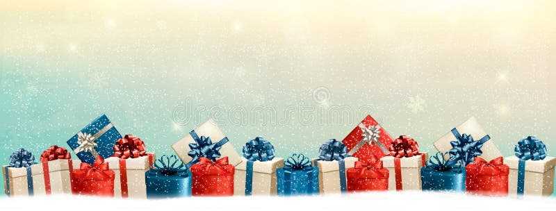Semestra julbakgrund med en gräns av gåvaaskar
