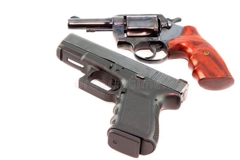 Semi automatic pistol and revolver gun on white background