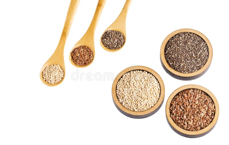 Semi organici della quinoa, seme di lino e Chia - Superfoods fotografia stock Semi organici della quinoa, seme di lino e Chia - Superfoods fotografia stock