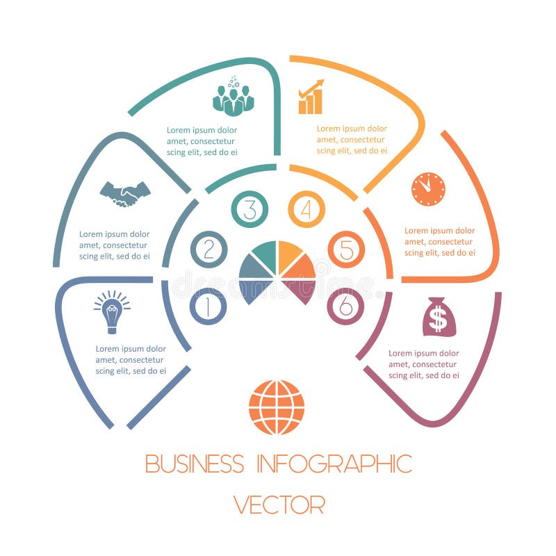 Semicircle from Lines infographic 6 positions. template with tex