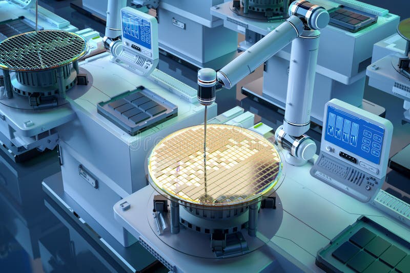 Fabricarea de semiconductori cu arme robotizate și plachete cu siliciu stock illustration