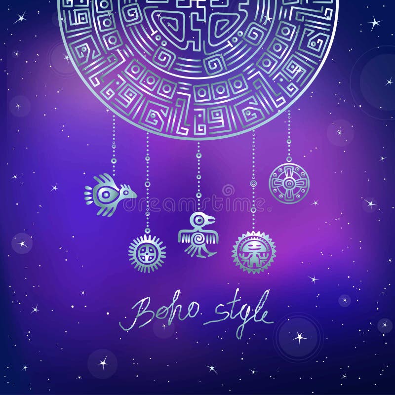 Decorative mystical semicircle, ethnic jewelry. Motives of art Native American Indian. Ethnic design, boho chic, tribal symbol. Silver imitation. Vector illustration, background - the night star sky. Decorative mystical semicircle, ethnic jewelry. Motives of art Native American Indian. Ethnic design, boho chic, tribal symbol. Silver imitation. Vector illustration, background - the night star sky.