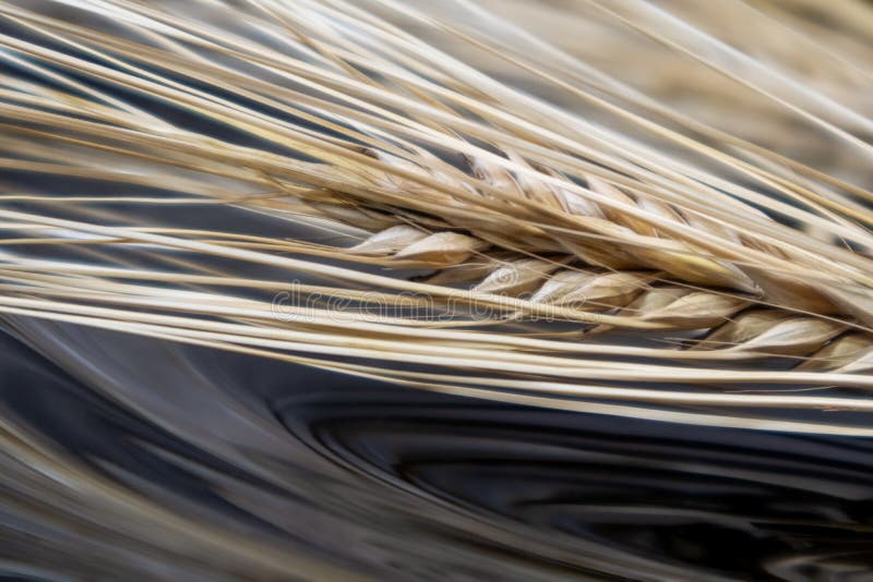 Gold dry wheat straws spikes close-up on reflective black surface background with reflection. Agriculture cereals seeds, summer harvest time. Gold dry wheat straws spikes close-up on reflective black surface background with reflection. Agriculture cereals seeds, summer harvest time