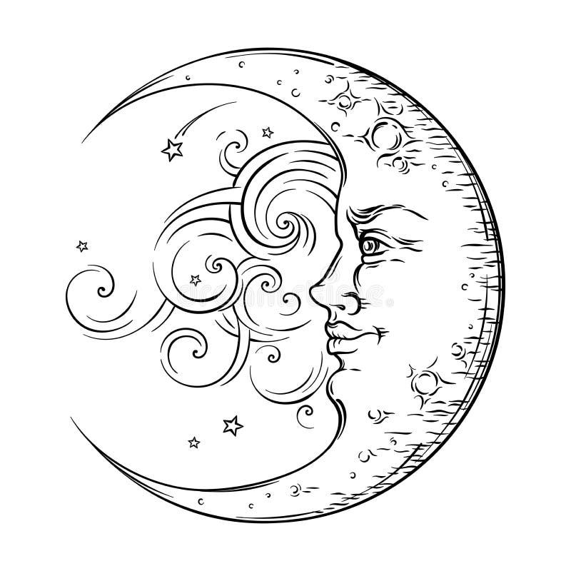 Semilună trasă de mână în stil antic. vector de proiectare pentru tatuaje tip boho chic royalty free illustration