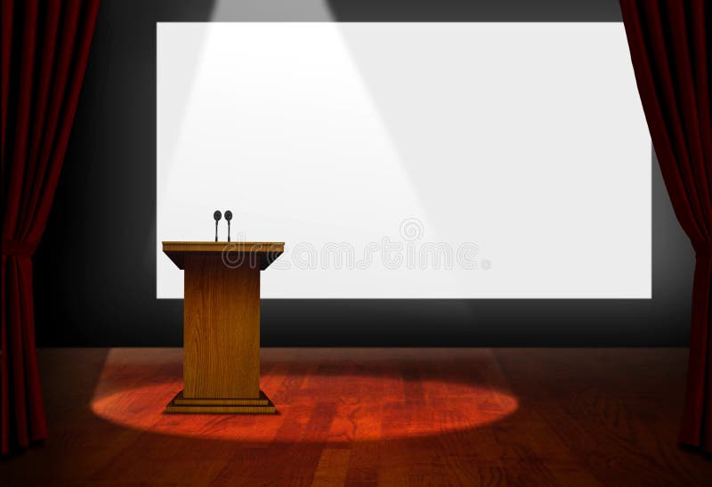 Seminar Podium and Blank Screen on Stage. Conference podium illustrations