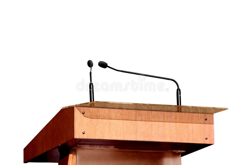 Image of seminar podium and microphones over white. Image of seminar podium and microphones over white