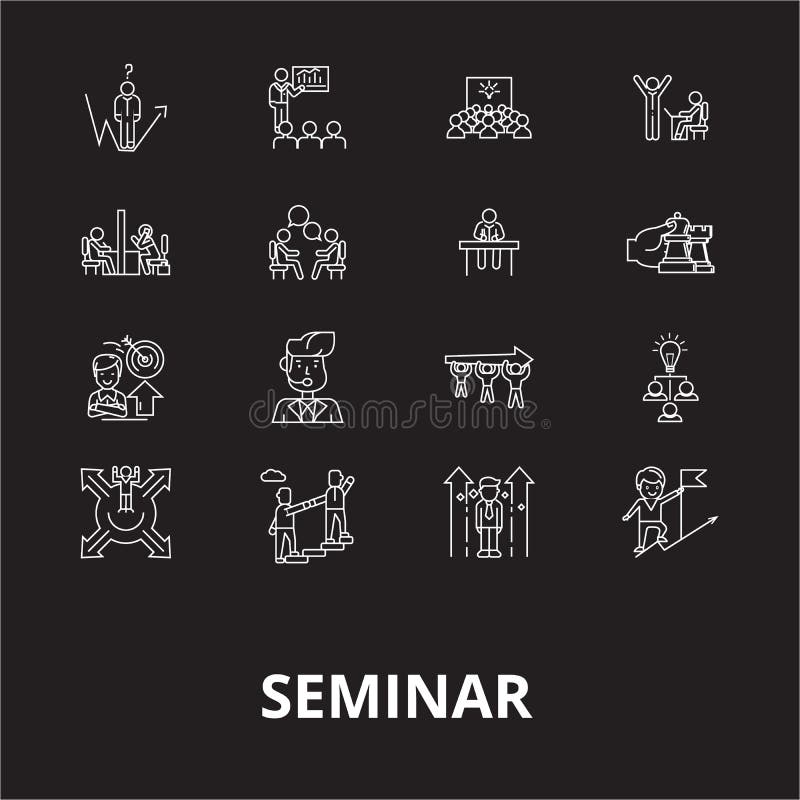 Seminaryjny editable kreskowy ikony wektorowy ustawiający na czarnym tle Seminaryjne białe kontur ilustracje, znaki, symbole royalty ilustracja Seminaryjny editable kreskowy ikony wektorowy ustawiający na czarnym tle Seminaryjne białe kontur ilustracje, znaki, symbole royalty ilustracja