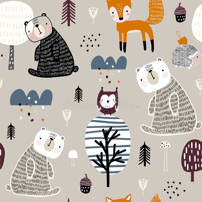 Semless woodland pattern with cute bear, hedgehog, owl, fox and hand drawn elements. Scandinaviann style childish texture for