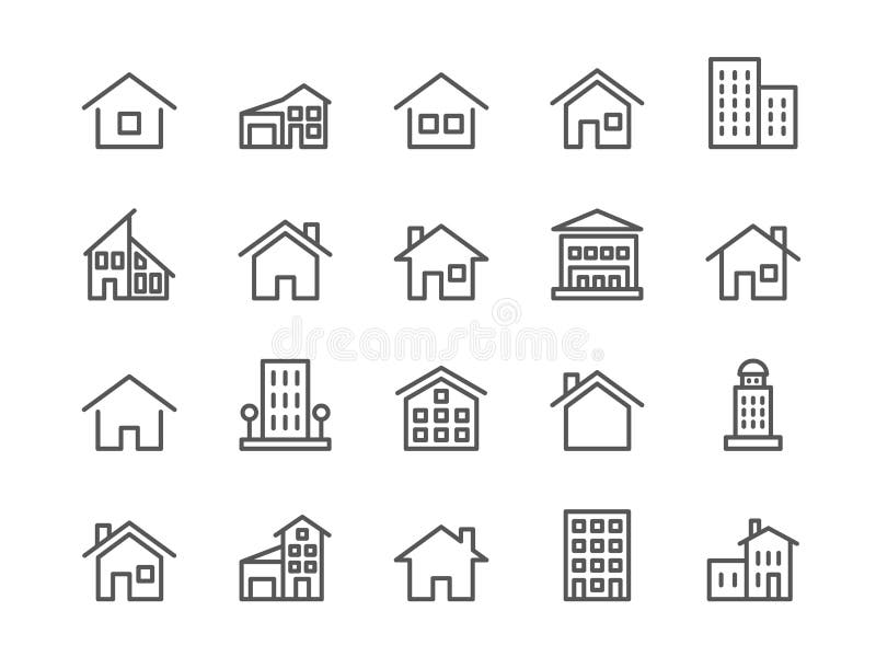 Semne linie casă. pictograme simple pentru credite imobiliare. bunuri imobiliare. proprietate cabină. căsuțe sau apartamente. acop stock illustration
