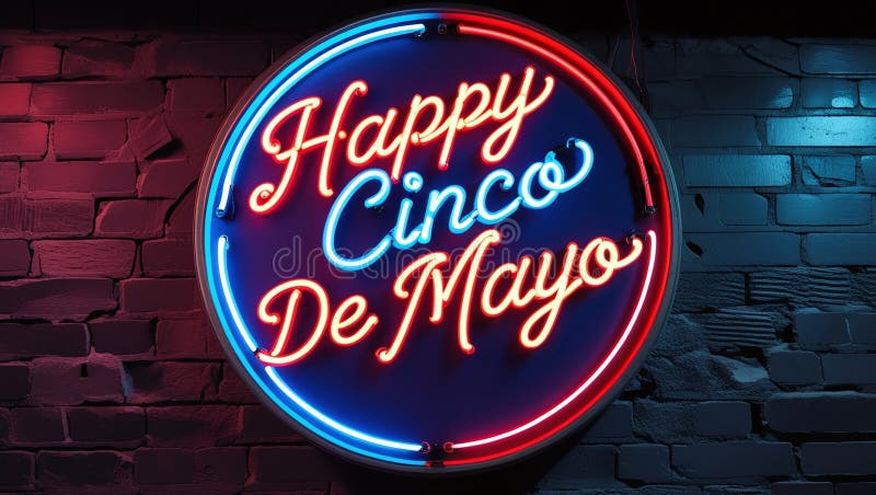 Semnul Neon citind Happy Cinco De Mayo pe un zid de cărămidă închis royalty free illustration