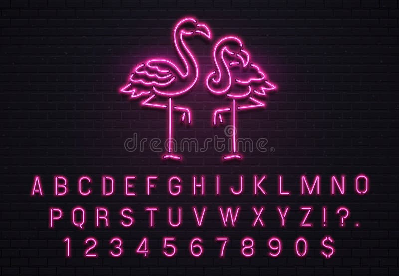 Semnul neon flamingo. font roz din anii 80. panou cu bare de strălucire electrică pentru flaminguri tropicale, cu litere de tipar stock illustration