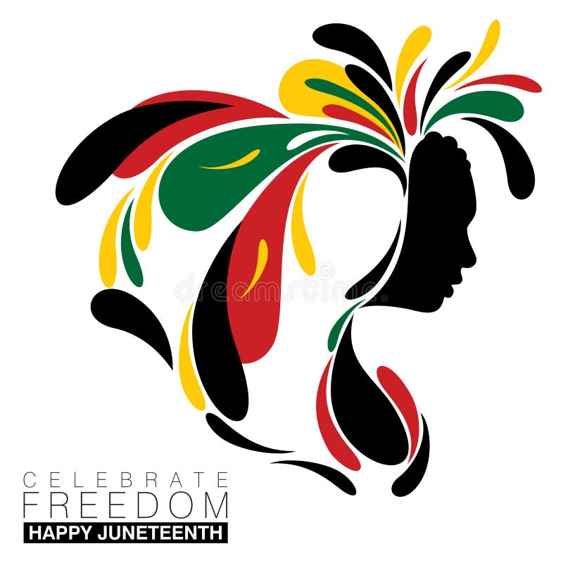 Simple abstract flowing design around a black silhouette of a woman for Juneteenth in national colors on an isolated white background. Simple abstract flowing design around a black silhouette of a woman for Juneteenth in national colors on an isolated white background